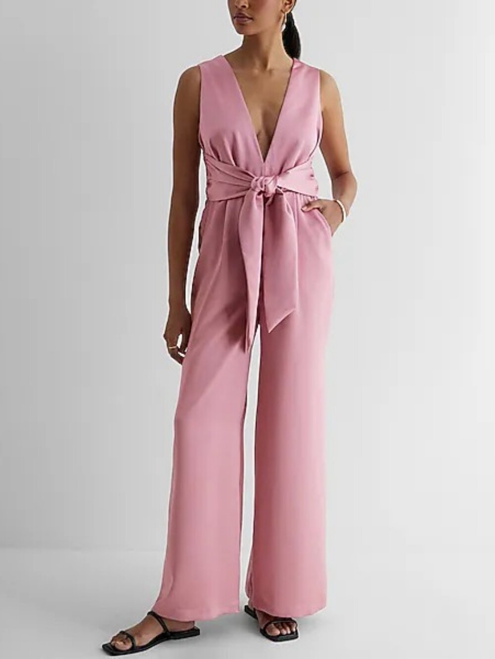 Express Satin V-Neck Tie Waist Wide Leg Jumpsuit